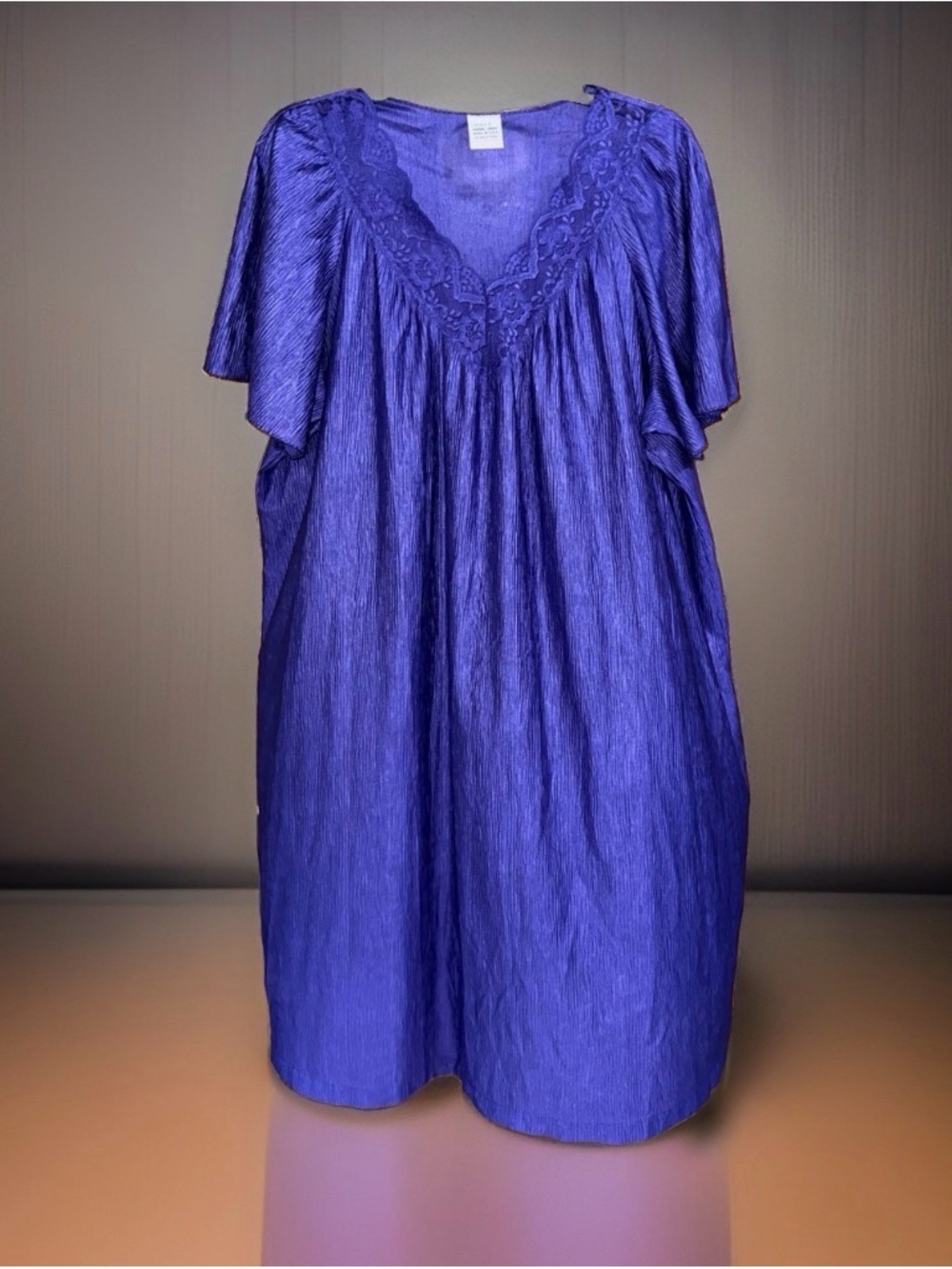 Women's Royal Blue V-Neck Short Sleeve Midi Nightgown w/Lace accents-XL-EC